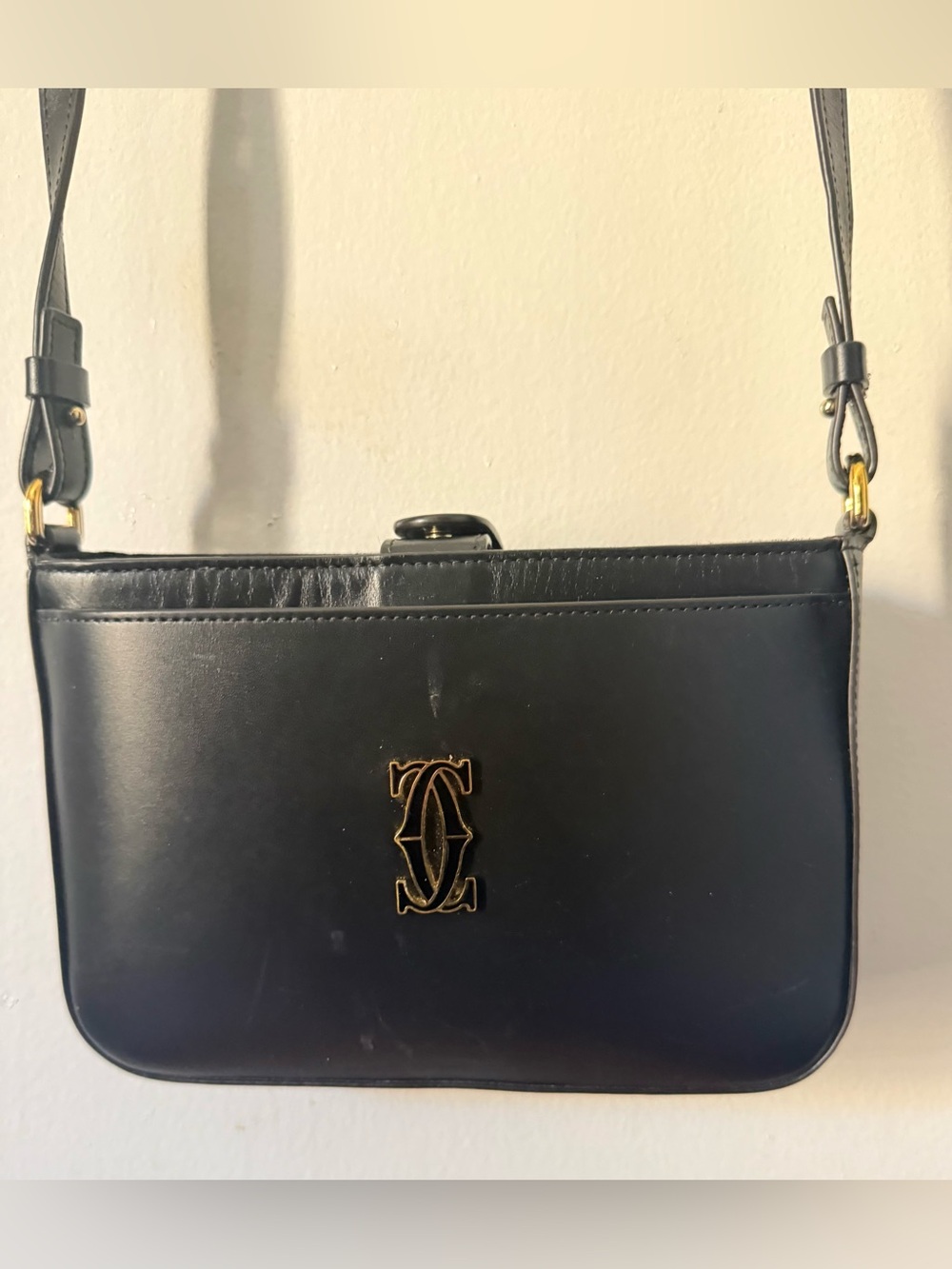 Vintage Cartier Black Leather Double C Crossbody Bag
